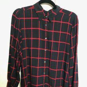 LOFT Black Red Plaid Blouse Long Sleeve L